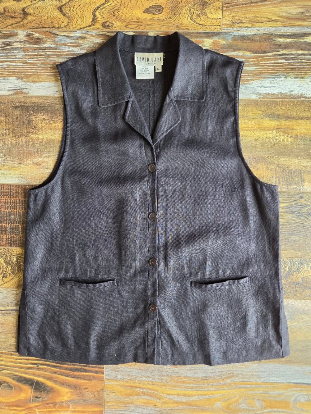 Vintage David Dart Collection 100% Linen Black Button-Up Top Vest Pocket